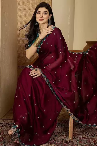 Purple women embroidered party sarees with blouse