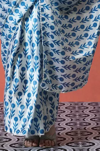 Blue ready to wear satin floral digital printed saree
