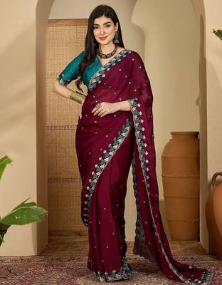 Purple women embroidered party sarees with blouse 5