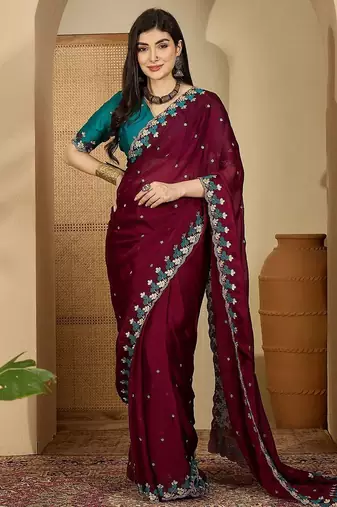 Purple women embroidered party sarees with blouse