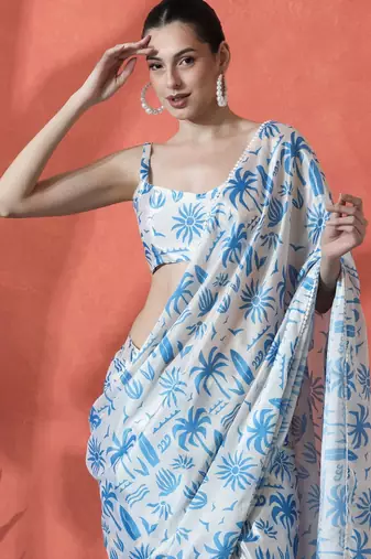 White ready to wear satin floral digital printed saree