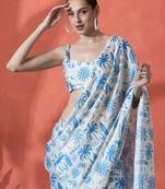 White ready to wear satin floral digital printed saree