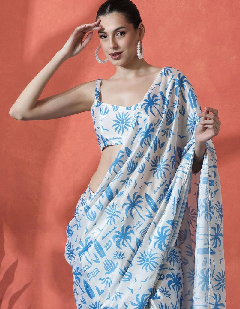 White ready to wear satin floral digital printed saree