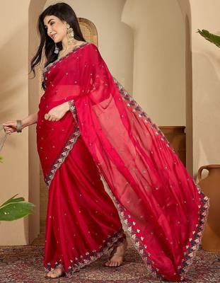 Pink women floral embroidered saree 2