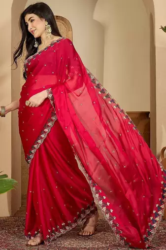 Pink women floral embroidered saree
