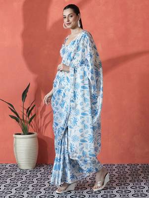 White ready to wear satin floral digital printed saree 2