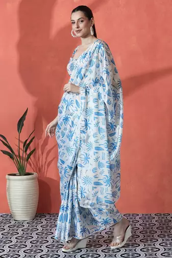 White ready to wear satin floral digital printed saree