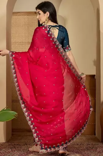 Pink women floral embroidered saree