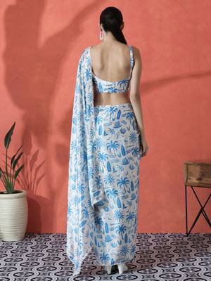 White ready to wear satin floral digital printed saree 3