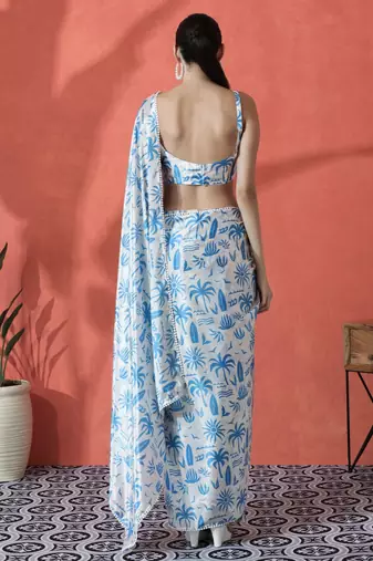 White ready to wear satin floral digital printed saree
