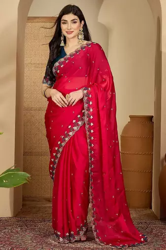 Pink women floral embroidered saree