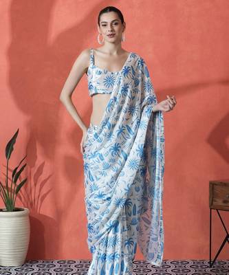 White ready to wear satin floral digital printed saree 4