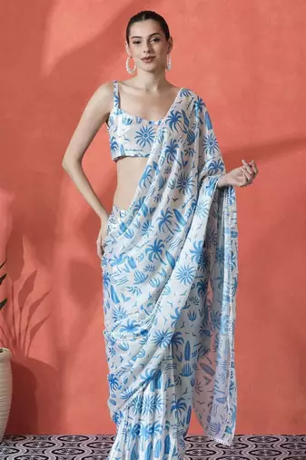 White ready to wear satin floral digital printed saree