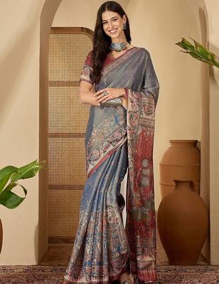 Grey  linen printed sarees with tassels & unstithced blouse piece 1