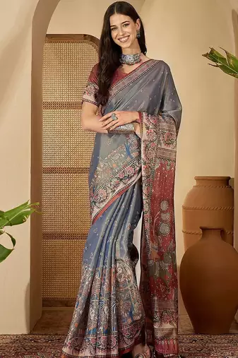 Grey  linen printed sarees with tassels & unstithced blouse piece