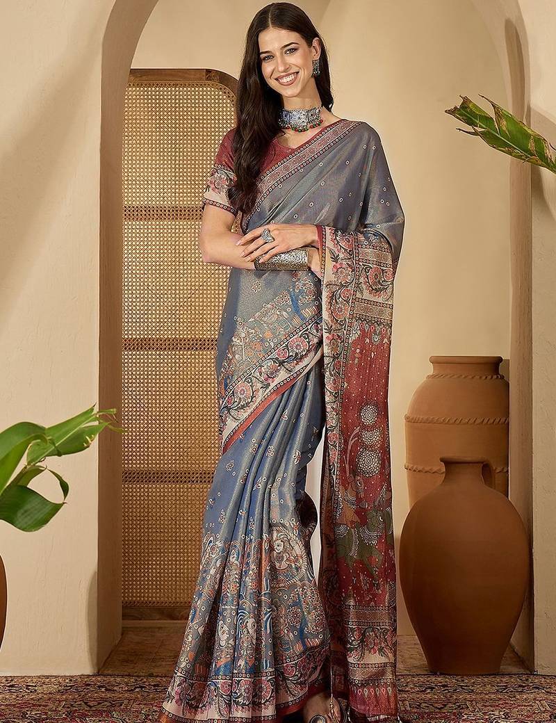 Grey  linen printed sarees with tassels & unstithced blouse piece