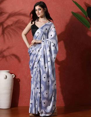 Blue ready to wear satin floral digital printed saree 2