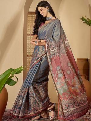 Grey  linen printed sarees with tassels & unstithced blouse piece 2