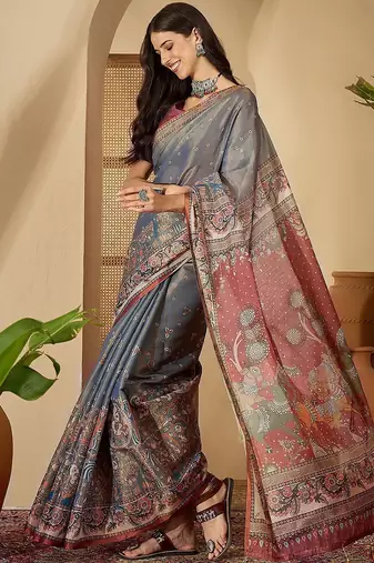 Grey  linen printed sarees with tassels & unstithced blouse piece