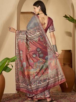 Grey  linen printed sarees with tassels & unstithced blouse piece 3