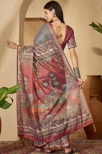 Grey  linen printed sarees with tassels & unstithced blouse piece