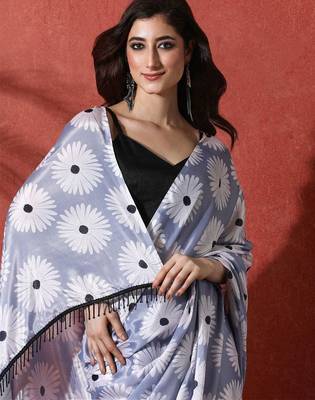 Blue ready to wear satin floral digital printed saree 4