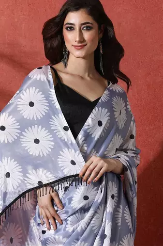 Blue ready to wear satin floral digital printed saree