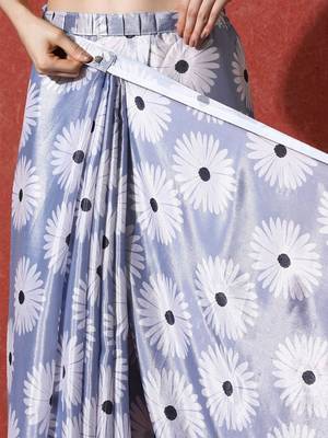 Blue ready to wear satin floral digital printed saree 5
