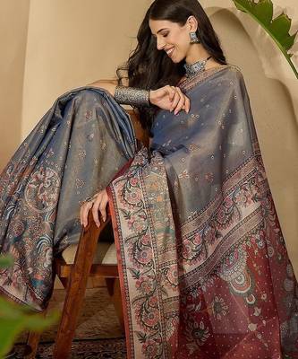 Grey  linen printed sarees with tassels & unstithced blouse piece 4