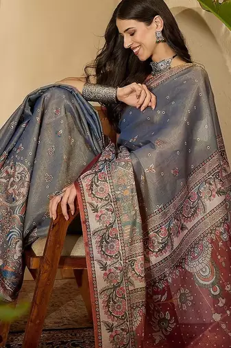 Grey  linen printed sarees with tassels & unstithced blouse piece