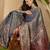 Grey  linen printed sarees with tassels & unstithced blouse piece