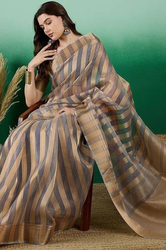 Grey striped weaved zari woven kanjeevaram saree with blouse