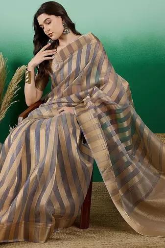 Grey striped weaved zari woven kanjeevaram saree with blouse