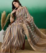 Grey striped weaved zari woven kanjeevaram saree with blouse