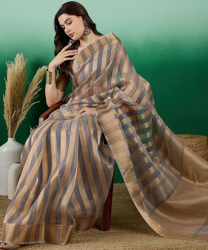 Grey striped weaved zari woven kanjeevaram saree with blouse