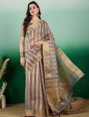 Grey striped weaved zari woven kanjeevaram saree with blouse 2