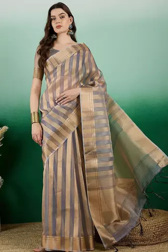 Grey striped weaved zari woven kanjeevaram saree with blouse