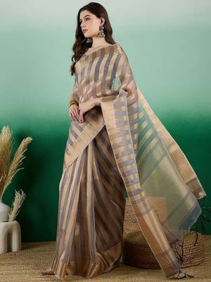 Grey striped weaved zari woven kanjeevaram saree with blouse 3