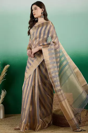 Grey striped weaved zari woven kanjeevaram saree with blouse