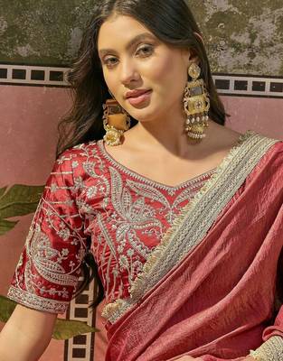 Maroon textured tissue silk saree with embellished border and designer blouse 2