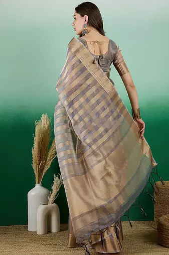 Grey striped weaved zari woven kanjeevaram saree with blouse