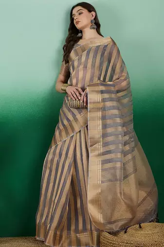Grey striped weaved zari woven kanjeevaram saree with blouse