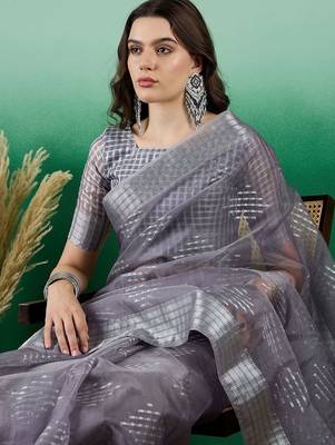 Grey zari woven kanjeevaram saree with blouse 1