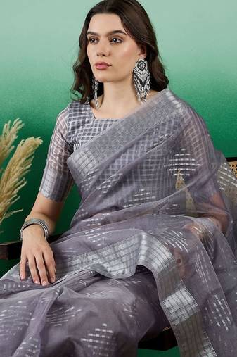 Grey zari woven kanjeevaram saree with blouse