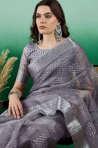 Grey zari woven kanjeevaram saree with blouse