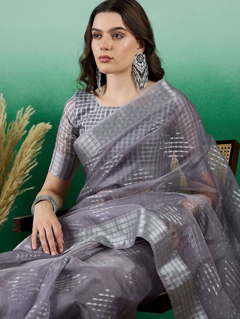 Grey zari woven kanjeevaram saree with blouse