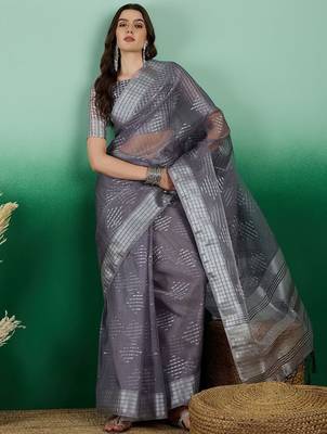 Grey zari woven kanjeevaram saree with blouse 2