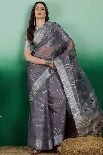 Grey zari woven kanjeevaram saree with blouse