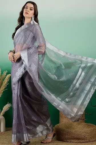 Grey zari woven kanjeevaram saree with blouse