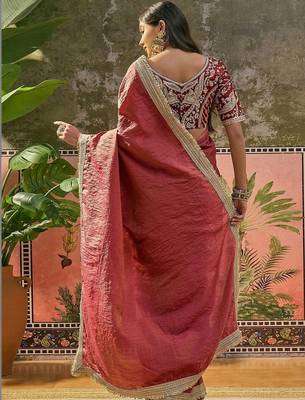 Maroon textured tissue silk saree with embellished border and designer blouse 4